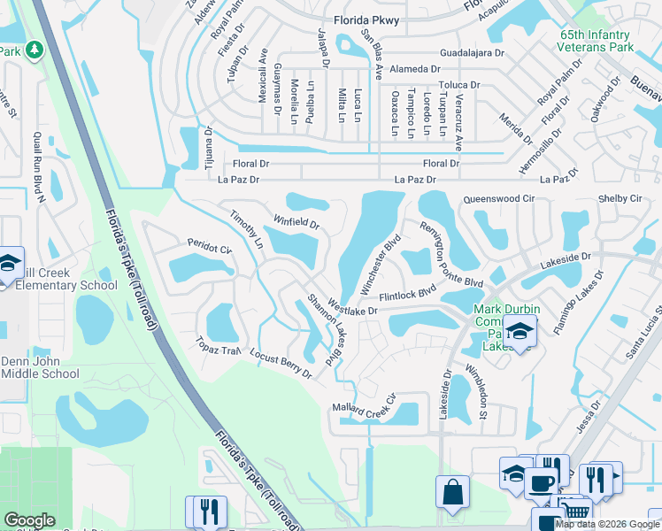 map of restaurants, bars, coffee shops, grocery stores, and more near 2405 Winfield Drive in Kissimmee