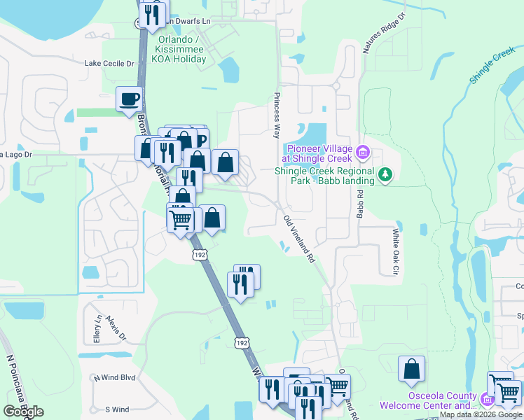 map of restaurants, bars, coffee shops, grocery stores, and more near 2420 Old Vineland Rd in Kissimmee