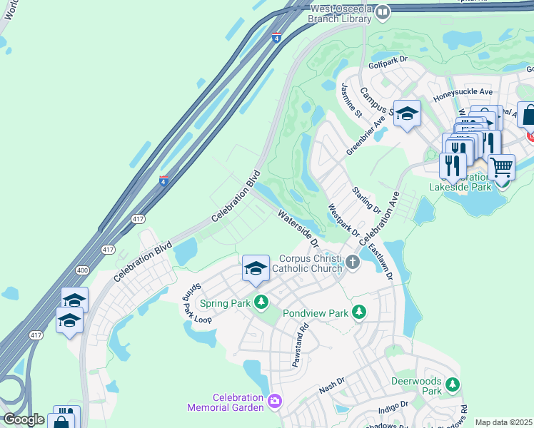 map of restaurants, bars, coffee shops, grocery stores, and more near 1060 Waterside Drive in Celebration