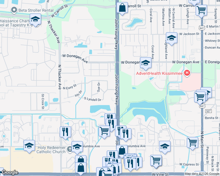 map of restaurants, bars, coffee shops, grocery stores, and more near 1305 Lyndell Drive in Kissimmee