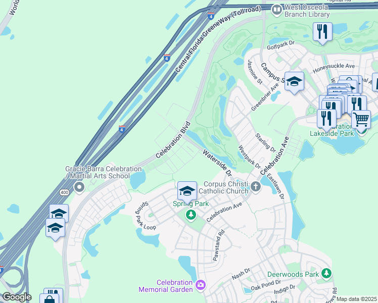 map of restaurants, bars, coffee shops, grocery stores, and more near 1060 Waterside Drive in Celebration