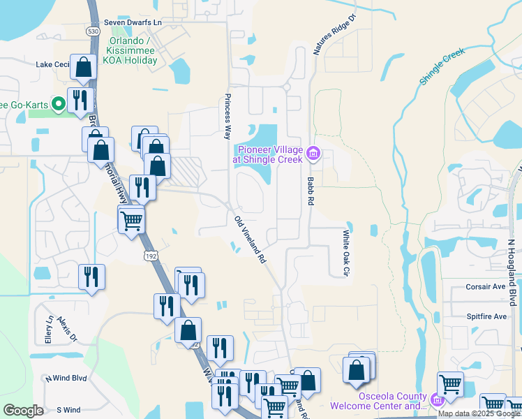 map of restaurants, bars, coffee shops, grocery stores, and more near 2455 Caravelle Circle in Kissimmee