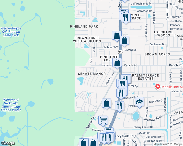 map of restaurants, bars, coffee shops, grocery stores, and more near 10908 Freedom Drive in Port Richey