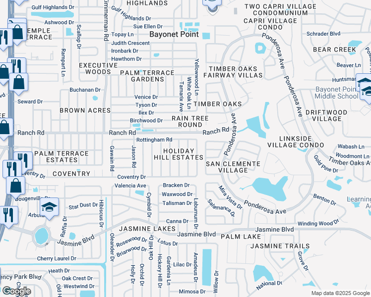 map of restaurants, bars, coffee shops, grocery stores, and more near 10911 Piccadilly Road in Port Richey