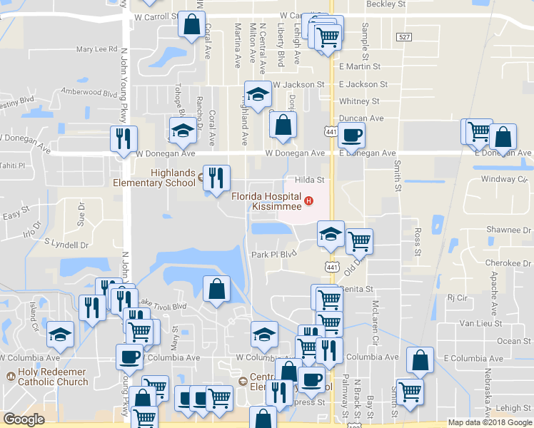 map of restaurants, bars, coffee shops, grocery stores, and more near 2349 North Central Avenue in Kissimmee