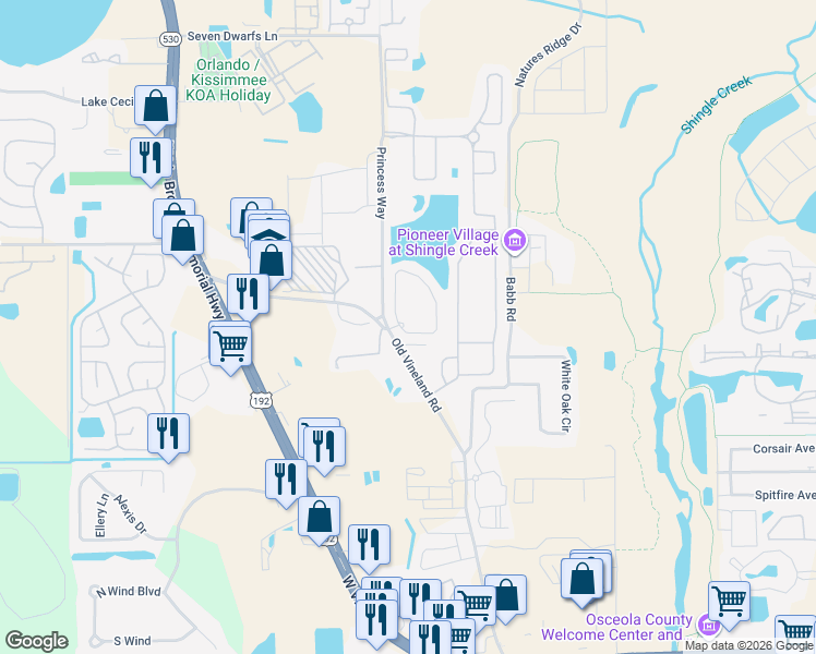 map of restaurants, bars, coffee shops, grocery stores, and more near 2486 Caravelle Circle in Kissimmee