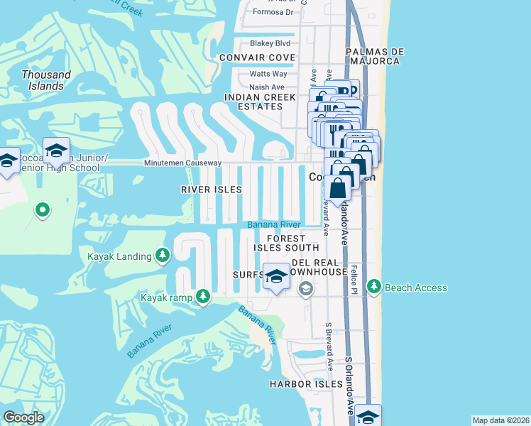 map of restaurants, bars, coffee shops, grocery stores, and more near 125 Boca Ciega Road in Cocoa Beach