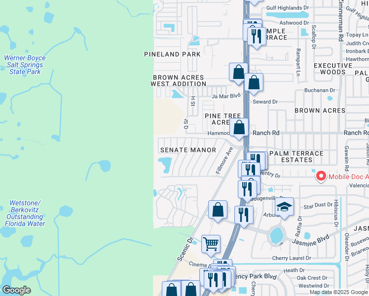 map of restaurants, bars, coffee shops, grocery stores, and more near 10908 Freedom Drive in Port Richey