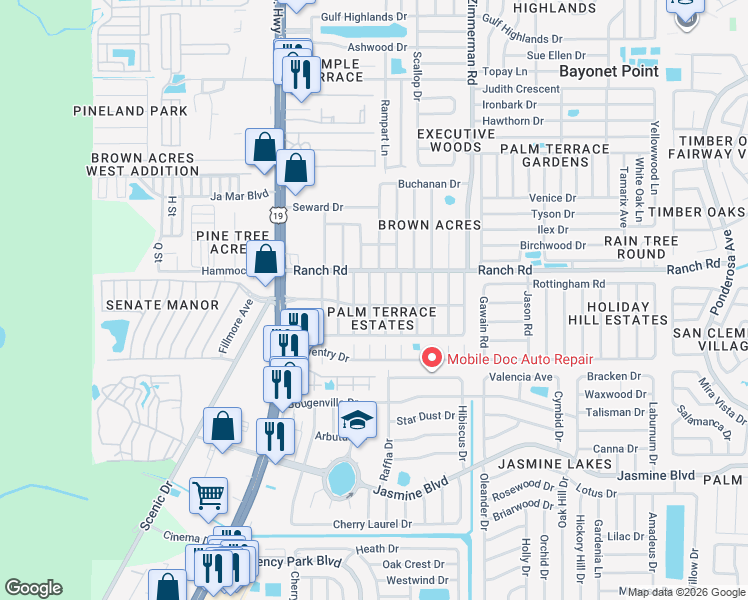 map of restaurants, bars, coffee shops, grocery stores, and more near 7222 Palisade Drive in Port Richey