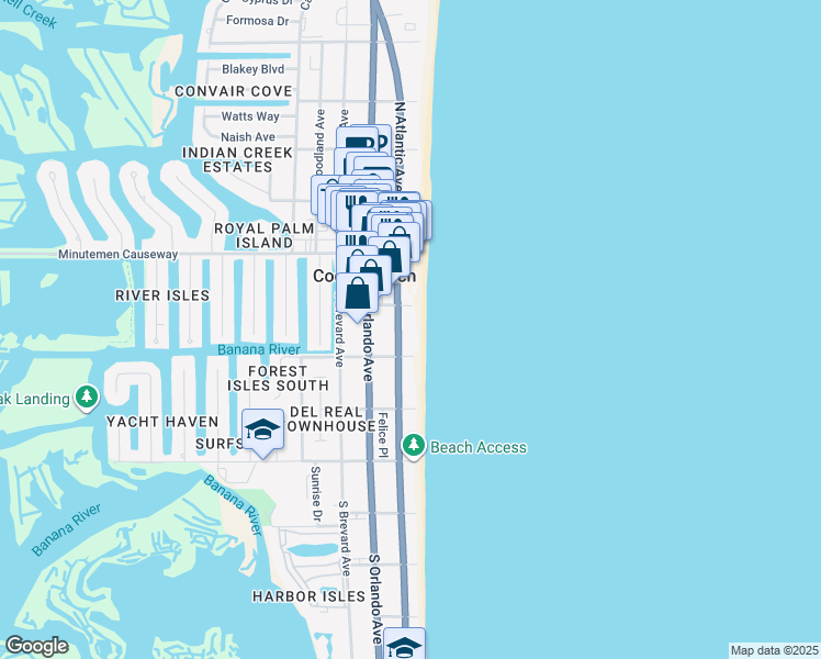 map of restaurants, bars, coffee shops, grocery stores, and more near 157 South Atlantic Avenue in Cocoa Beach