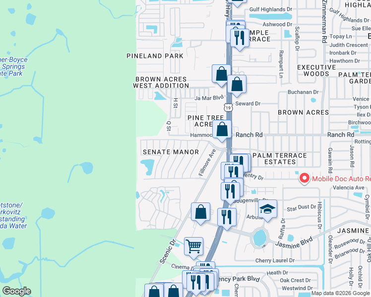map of restaurants, bars, coffee shops, grocery stores, and more near 10901 London Drive in Port Richey