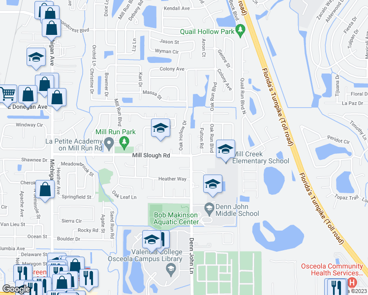 map of restaurants, bars, coffee shops, grocery stores, and more near 2409 Oak Hollow Drive in Kissimmee