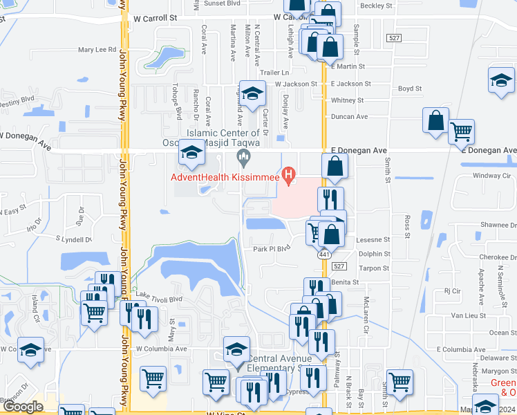 map of restaurants, bars, coffee shops, grocery stores, and more near 2349 North Central Avenue in Kissimmee