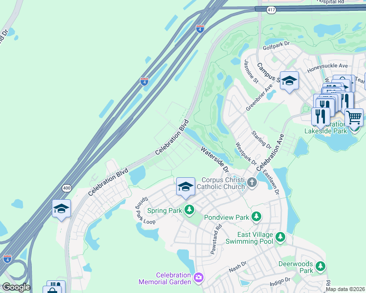map of restaurants, bars, coffee shops, grocery stores, and more near Via Santae Lane in Celebration