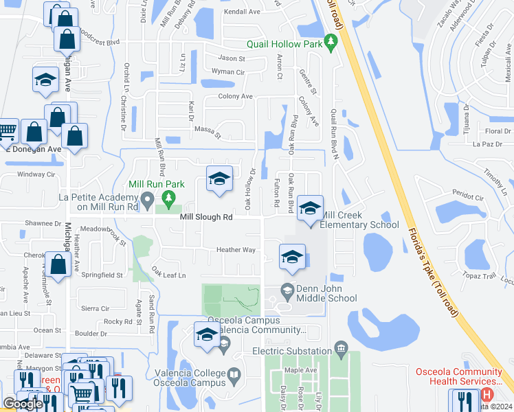 map of restaurants, bars, coffee shops, grocery stores, and more near 2408 Denn John Lane in Kissimmee