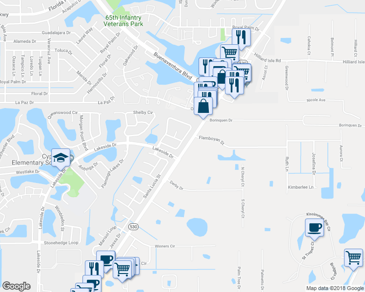 map of restaurants, bars, coffee shops, grocery stores, and more near 2301 Simpson Road in Kissimmee