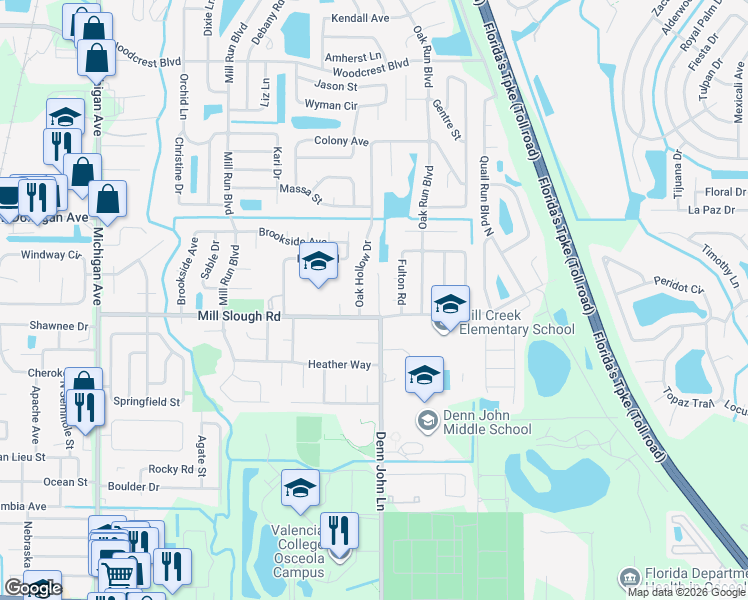 map of restaurants, bars, coffee shops, grocery stores, and more near 2400 Denn John Lane in Kissimmee