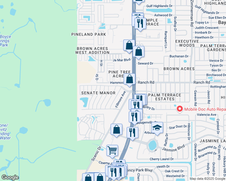 map of restaurants, bars, coffee shops, grocery stores, and more near 10901 London Drive in Port Richey