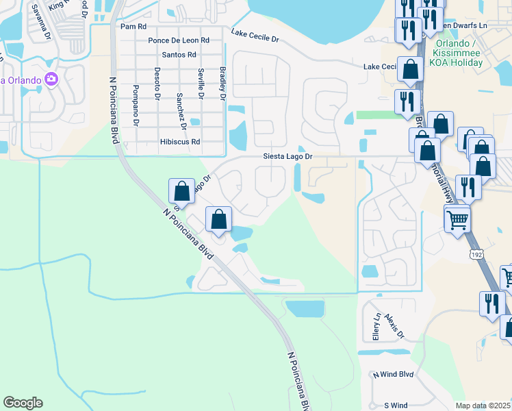 map of restaurants, bars, coffee shops, grocery stores, and more near 4910 Tennyson Court in Kissimmee