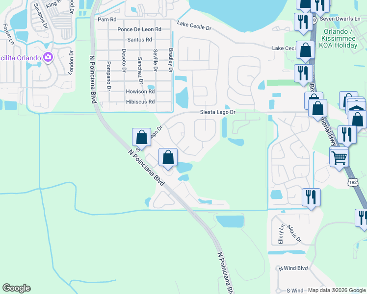 map of restaurants, bars, coffee shops, grocery stores, and more near 2441 Berkshire Court in Kissimmee