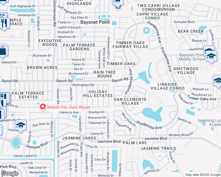 map of restaurants, bars, coffee shops, grocery stores, and more near 10900 Queens Road in Port Richey