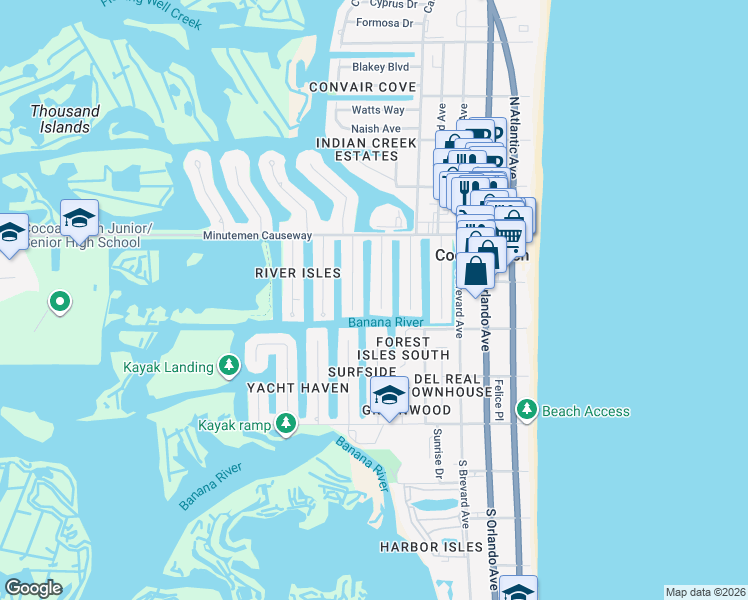 map of restaurants, bars, coffee shops, grocery stores, and more near 125 Boca Ciega Road in Cocoa Beach