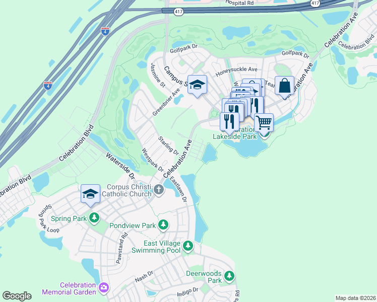 map of restaurants, bars, coffee shops, grocery stores, and more near 618 Wisteria Lane in Kissimmee