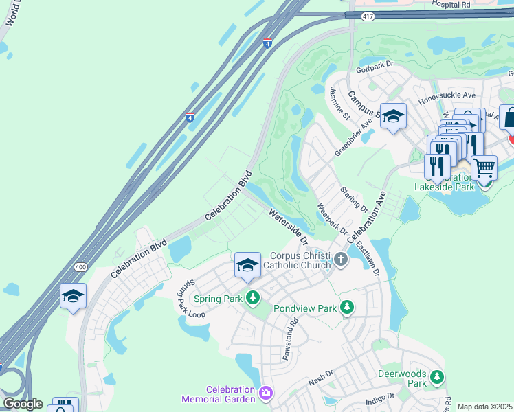 map of restaurants, bars, coffee shops, grocery stores, and more near 1060 Waterside Drive in Celebration
