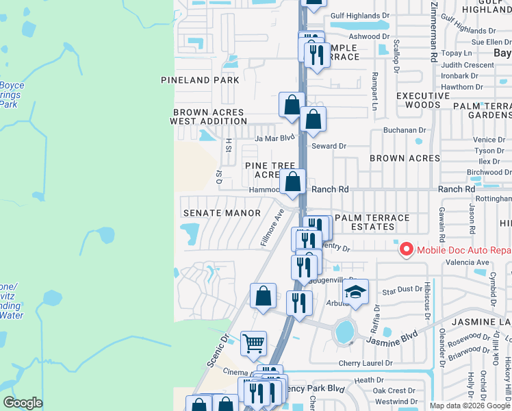 map of restaurants, bars, coffee shops, grocery stores, and more near 10901 London Drive in Port Richey