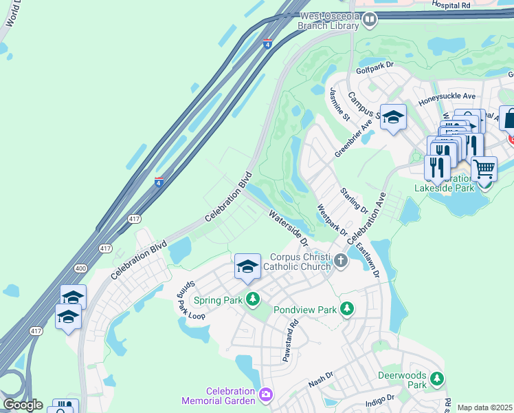 map of restaurants, bars, coffee shops, grocery stores, and more near 1060 Waterside Drive in Celebration