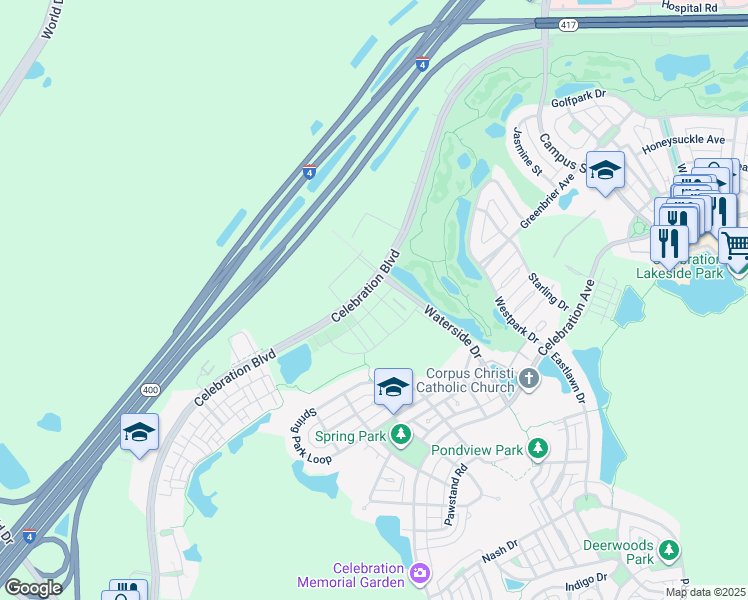 map of restaurants, bars, coffee shops, grocery stores, and more near 720 Siena Palm Drive in Celebration