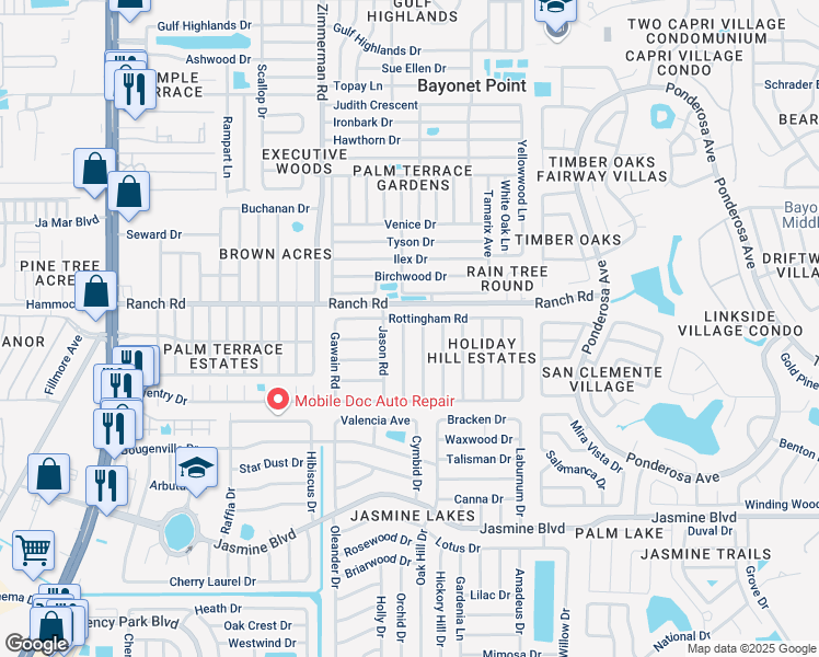 map of restaurants, bars, coffee shops, grocery stores, and more near 10902 Kingsbridge Road in Port Richey