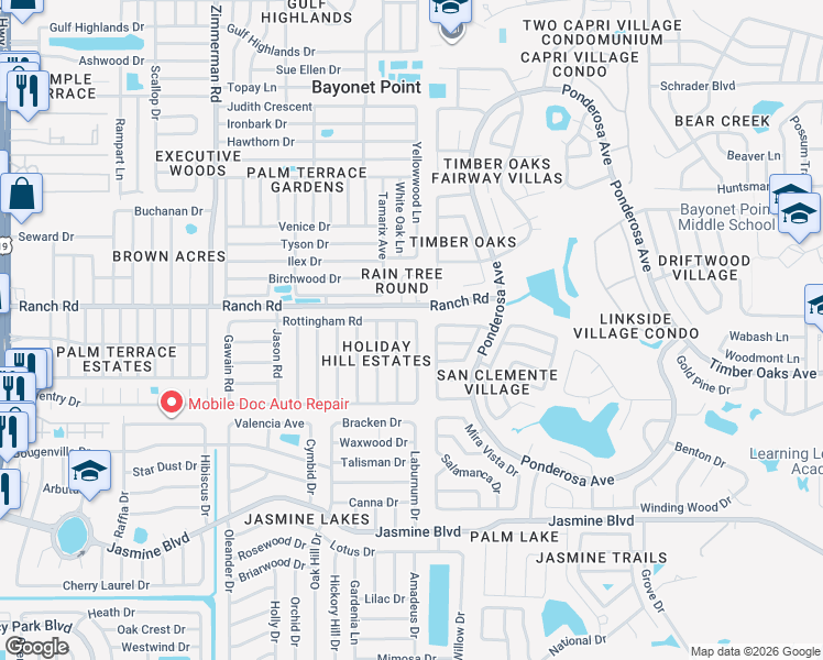 map of restaurants, bars, coffee shops, grocery stores, and more near 10900 Queens Road in Port Richey
