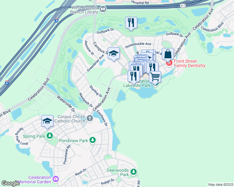 map of restaurants, bars, coffee shops, grocery stores, and more near 818 Lake Evalyn Drive in Kissimmee