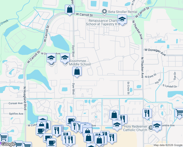 map of restaurants, bars, coffee shops, grocery stores, and more near 2424 Chateau Loop in Kissimmee