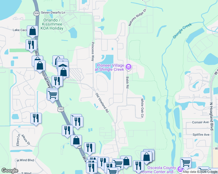 map of restaurants, bars, coffee shops, grocery stores, and more near 2455 Caravelle Circle in Kissimmee