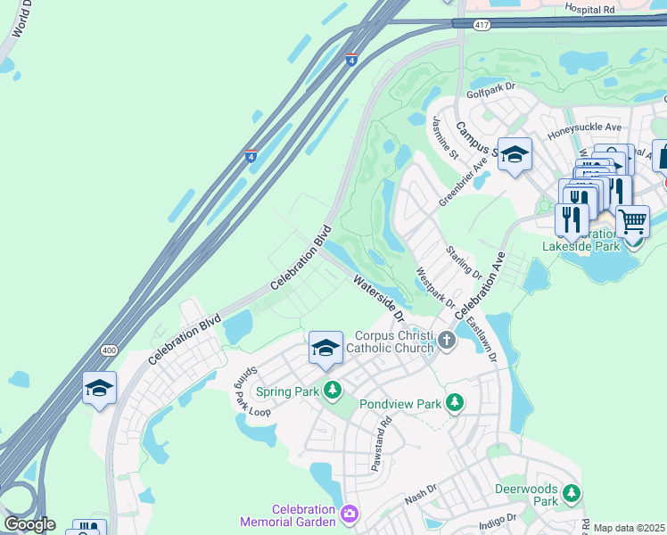 map of restaurants, bars, coffee shops, grocery stores, and more near 1050 Waterside Drive in Kissimmee