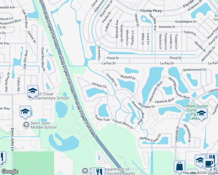 map of restaurants, bars, coffee shops, grocery stores, and more near 1994 Peridot Circle in Kissimmee