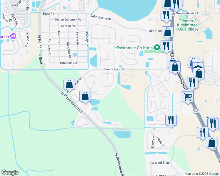 map of restaurants, bars, coffee shops, grocery stores, and more near 2542 Davenport Circle in Kissimmee