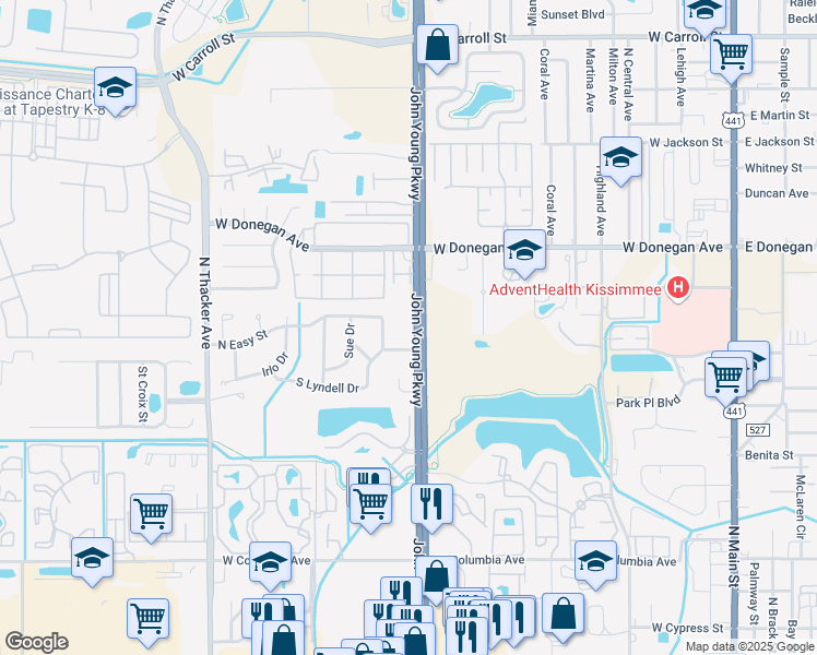 map of restaurants, bars, coffee shops, grocery stores, and more near 2420 North John Young Parkway in Kissimmee