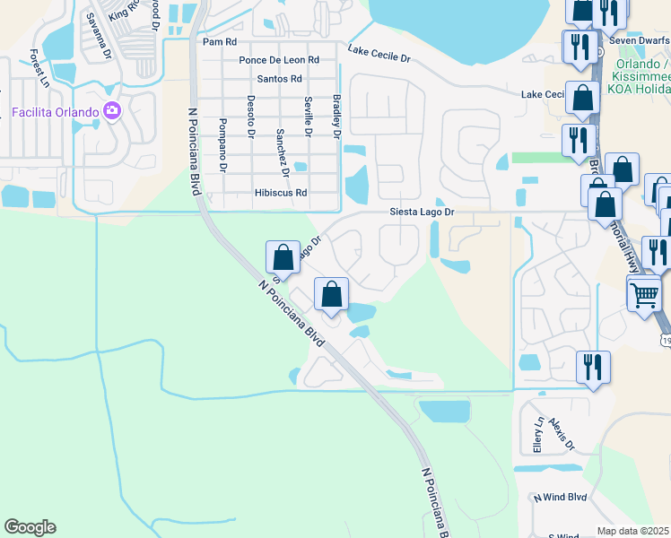 map of restaurants, bars, coffee shops, grocery stores, and more near 2319 Rochelle Avenue in Kissimmee