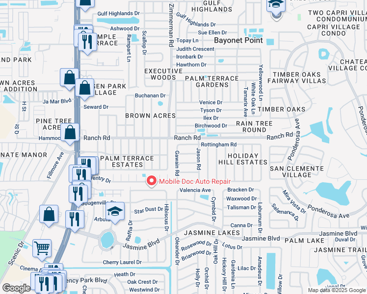 map of restaurants, bars, coffee shops, grocery stores, and more near 7524 Rottingham Road in Port Richey