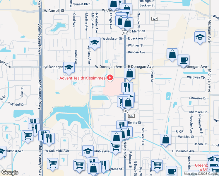 map of restaurants, bars, coffee shops, grocery stores, and more near 2450 North Orange Blossom Trail in Kissimmee