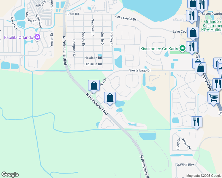 map of restaurants, bars, coffee shops, grocery stores, and more near 2319 Rochelle Avenue in Kissimmee