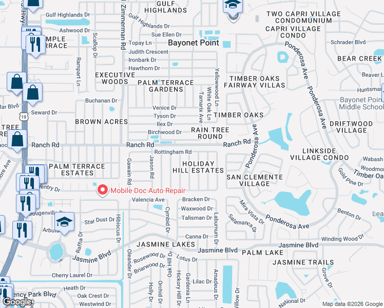 map of restaurants, bars, coffee shops, grocery stores, and more near 10902 Manchester Road in Port Richey