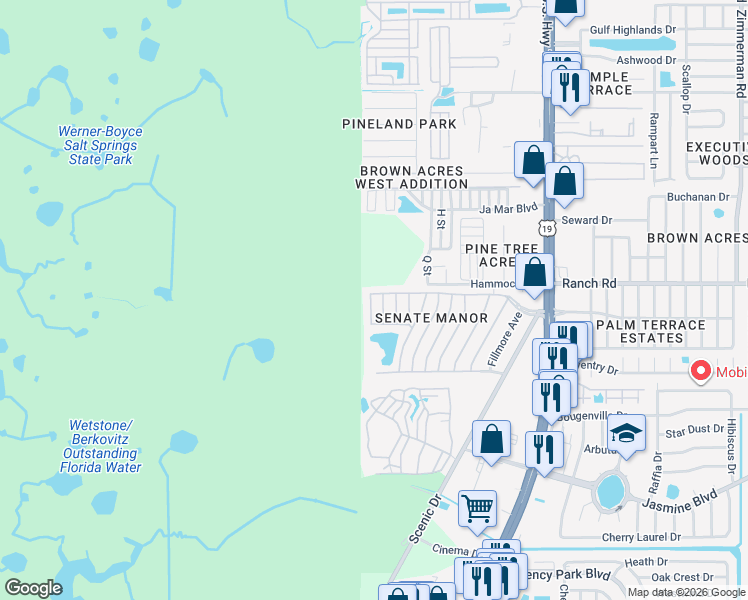 map of restaurants, bars, coffee shops, grocery stores, and more near 10905 Federal Drive in Port Richey