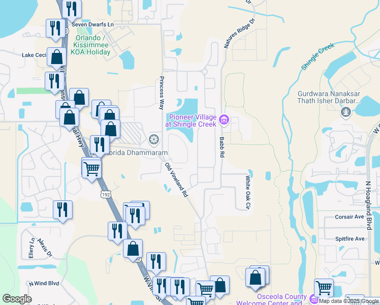 map of restaurants, bars, coffee shops, grocery stores, and more near 2426 Caravelle Circle in Kissimmee