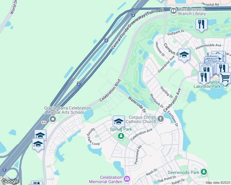 map of restaurants, bars, coffee shops, grocery stores, and more near 710 Siena Palm Drive in Kissimmee
