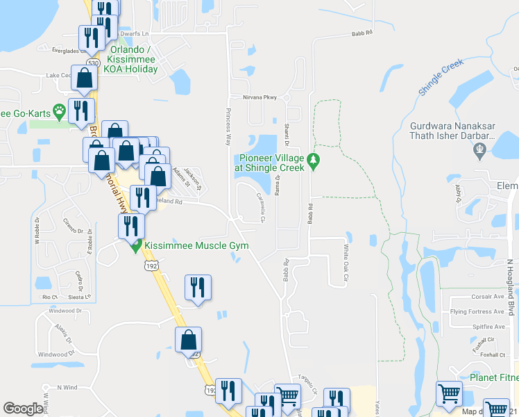 map of restaurants, bars, coffee shops, grocery stores, and more near 2404 Caravelle Circle in Kissimmee