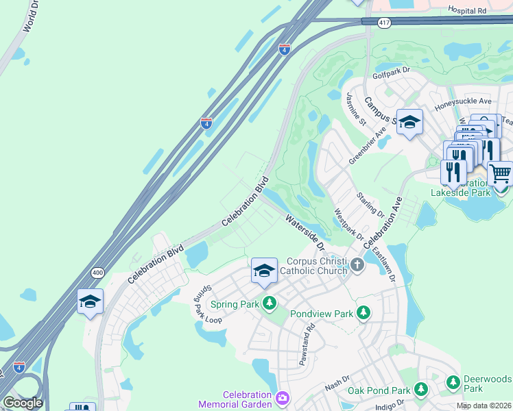 map of restaurants, bars, coffee shops, grocery stores, and more near 1050 Waterside Drive in Celebration